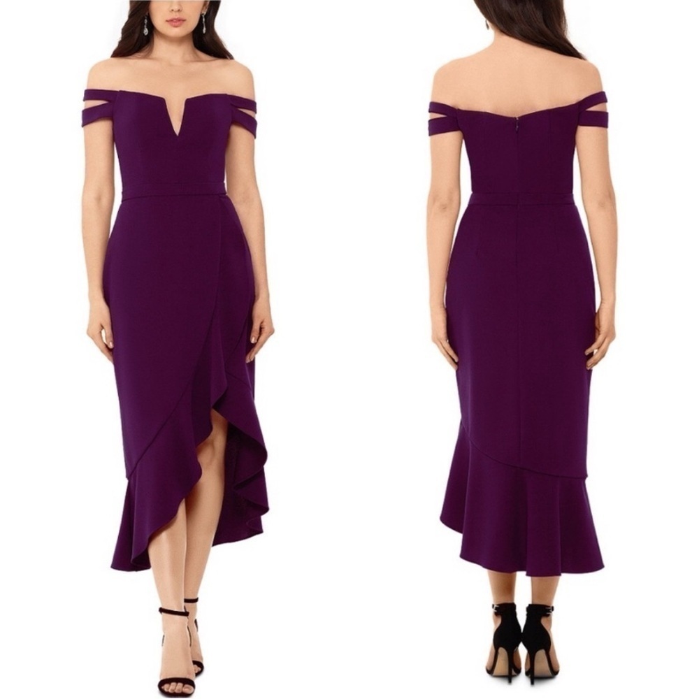 NEW | XSCAPE | Off the Shoulder, Plunging Neckline, Flutter Hem‎ Midi Dress